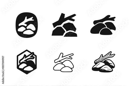 Rocky Shore Logos. Rocky shore. Icon set. Set Logo of rocky shore: coastal cliffside view. harmonious logo variations of the same emblematic concept, each with