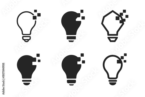 Digital Creativity Icons. creativity online. Icon set. Set Logo of creativity online: lightbulb with digital pixels. harmonious logo variations of the same