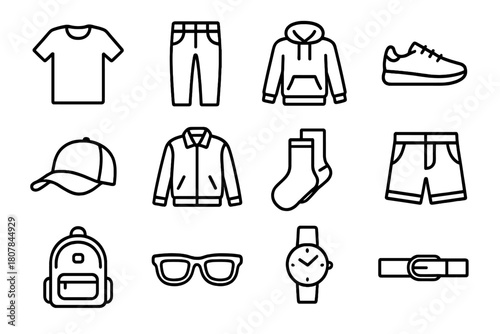 Casual Wear Line Icons. Casual wear. Line icon set of casual wear: T-shirt, jeans, hoodie, sneakers, cap, jacket, socks, shorts, backpack, sunglasses, watch,