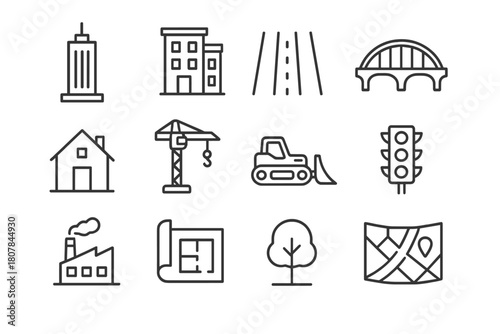 Urban Planning Icons. Urban expansion planning. Line icon set of Urban expansion planning: skyscraper, apartment building, road, bridge, house, construction