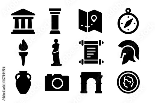 Ancient Ruins Icons. Historical tourism and ancient ruins. Solid icon set of historical tourism and ancient ruins: temple, column, map, compass, torch, statue,