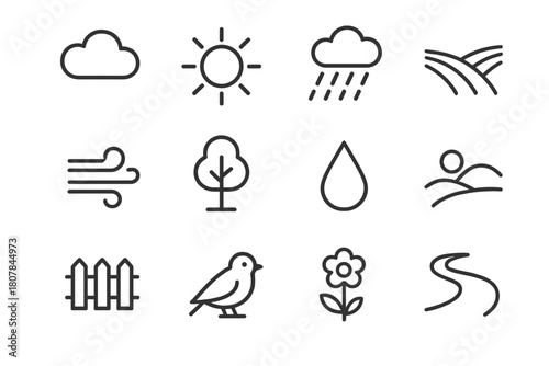 Countryside Weather Icons. Countryside Weather. Line icon set of Countryside Weather: cloud, sun, rain, field rows, wind, tree, droplet, hill, fence, bird,