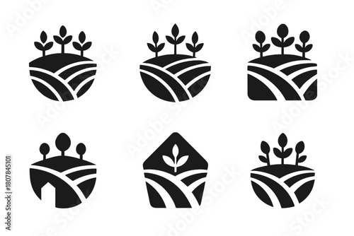 Multi-Cropping Logos Grid. Multi-Cropping Systems. Icon set. Set Logo of Multi-Cropping: farm with multiple plant rows. harmonious logo variations of the same