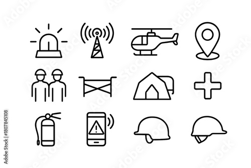 Disaster Response Icons. Disaster response. Line icon set of disaster response: siren, radio tower, helicopter, map pin, rescue team, stretcher, tent, water
