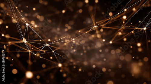 electric gold network mesh, sharp connecting lines, soft bokeh scattering in deep brown-black space.