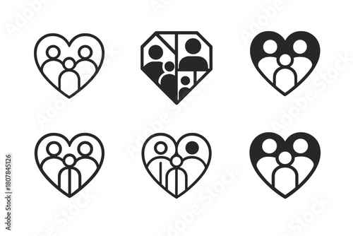 Family Vision Board Logos. Creating a family vision board. Icon set. Set Logo of Family vision board: Heart-shaped collage. harmonious logo variations of the