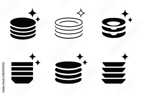Stacked Plate Logos. Stacking clean plates. Icon set. Set Logo of stacking clean plates: dish tower perspective. harmonious logo variations of the same