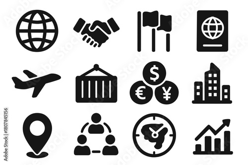 Global Icons Collection. Multinational. Solid icon set of Multinational: globe, handshake, flag set, passport, airplane, shipping container, currency symbols,