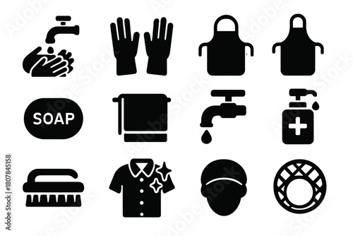Personal Hygiene Icons. Personal hygiene. Solid icon set of personal hygiene: hand washing, gloves, mask, apron, soap, towel, water tap, sanitizer, brush,