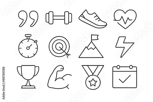 Fitness Icon Set. Fitness tracking. Solid icon set of Fitness tracking: smartwatch, running shoe, heart rate, step counter, dumbbell, stopwatch, water bottle,