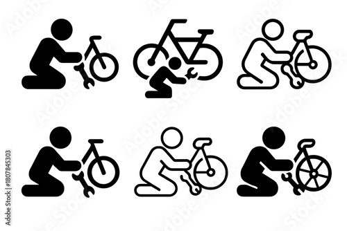 Bicycle Repair Logos. fixing a bicycle. Icon set. Set Logo of fixing a bicycle: tightening bolts on frame. harmonious logo variations of the same emblematic