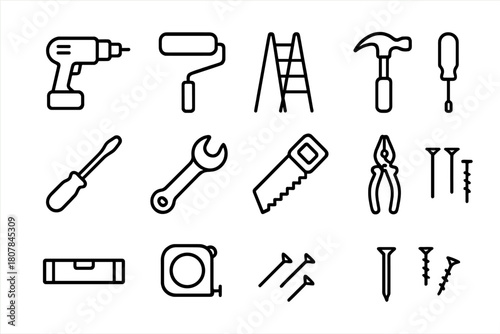 Home Improvement Tools. Home improvement. Line icon set of Home improvement: drill, paint roller, ladder, hammer, screwdriver, wrench, saw, pliers, level, tape