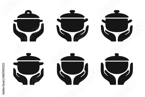 Family Meal Logos. Sharing a family meal. Icon set. Set Logo of sharing a family meal: cooking pot shared between hands. harmonious logo variations of the same