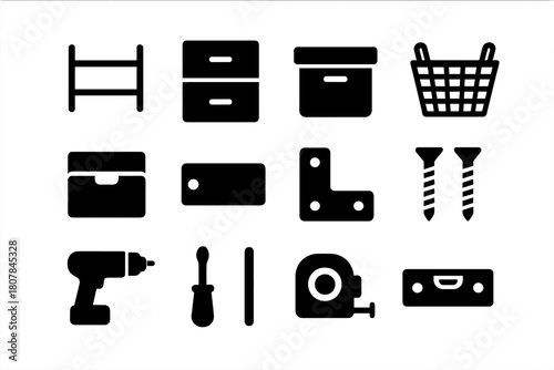 Storage Solutions Icons. Storage solutions. Solid icon set of storage solutions: shelf, cabinet, box, basket, drawer, label, bracket, screws, drill,
