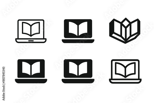 E-Learning Logo Variations. E-learning and online courses. Icon set. Set Logo of e-learning and online courses: laptop with open book. harmonious
