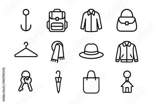 Organized Hallway Icons. Organized hallway system. Line icon set of Organized hallway system: wall hook, backpack, coat, handbag, hanger, scarf, hat, jacket,
