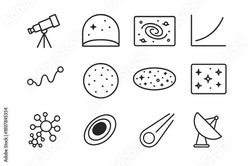 Universe Icon Set. Observable universe. Line icon set of observable universe: telescope, cosmic horizon, galaxy map, redshift graph, photon path, cosmic