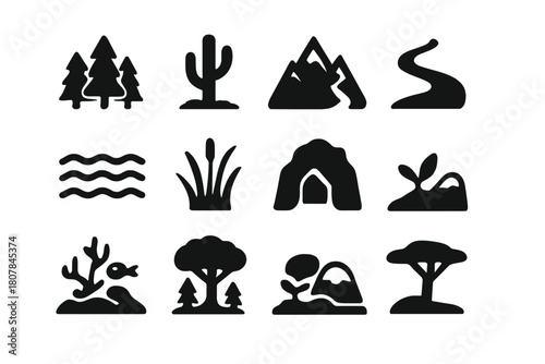 Environmental Zones Icons. Environmental Zones. Solid icon set of Environmental Zones: forest, desert, mountain, river, ocean, wetland, cave, grassland, coral