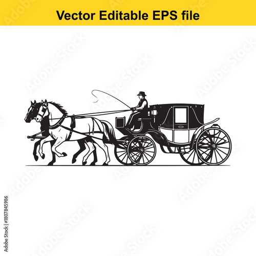 Illustration of a horsedrawn carriage with a driver, showcasing a vintage mode of transportation isolated on