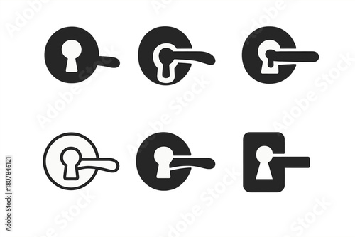 Door Hardware Icons. Replacing door hardware (knob or handle). Icon set. Set Logo of replacing door hardware (knob or handle): handle and key silhouette on