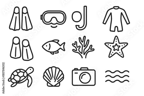 Ocean Snorkeling Icons. Ocean snorkeling. Line icon set of Ocean snorkeling: fins, snorkel mask, snorkel tube, wetsuit, flippers, fish, coral, starfish, sea