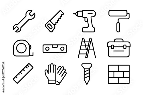 Home Improvement Icons. Home Improvement. Line icon set of Home Improvement: wrench, saw, drill, paint roller, tape measure, level, ladder, toolbox, ruler,