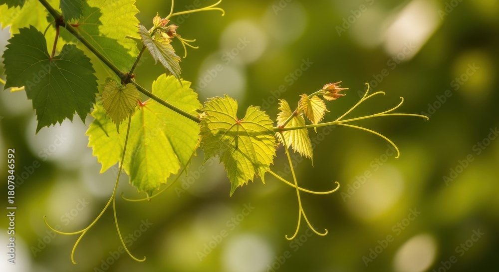Fototapeta premium Close-up of young grape leaves and tendrils in sunlight