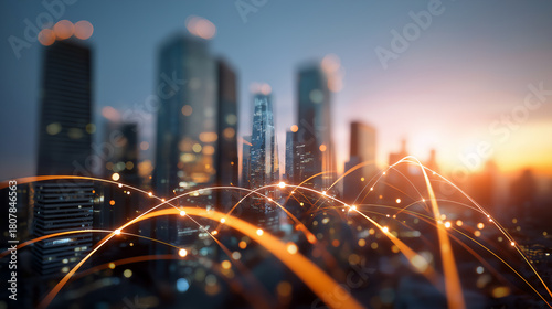 immersive smart grid cityscape, radiant amber and icy blue arcs flowing like energy currents, sharply defined nodes against softly blurred glass towers, horizon glowing with fading sunset light.