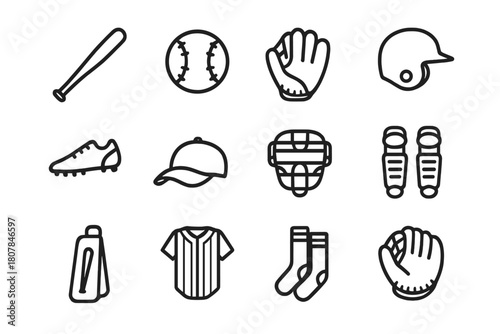 Baseball Gear Icons. Baseball equipment. Line icon set of baseball equipment: bat, ball, glove, helmet, cleats, cap, catcher mask, shin guards, bat bag,