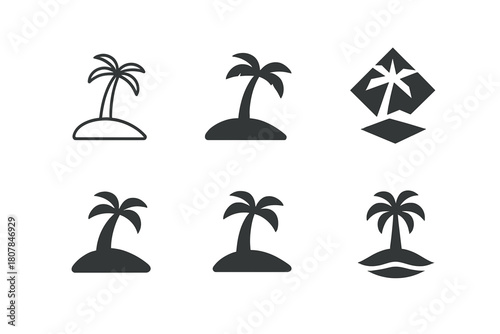 Tropical Island Logos. Island. Icon set. Set Logo of Island: tropical island with palm tree. harmonious logo variations of the same emblematic concept, each