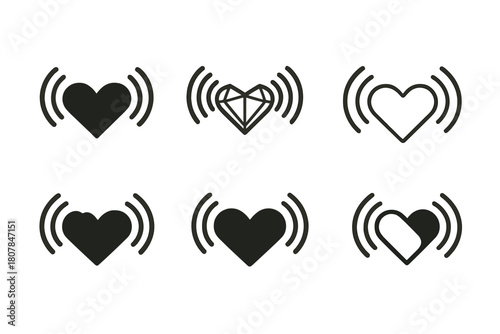 Connected Hearts Icons. Distance in relationship. Icon set. Set Logo of distance in relationship: connected hearts by signal waves. harmonious logo variations