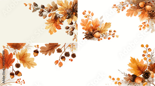 Warm autumn themed watercolor corners with fall leaves, acorns, berries, and dried foliage in earthy tones, ideal for seasonal invitations and harvest inspired designs.