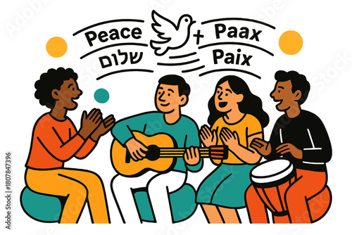 Harmonious Cultural Exchange. Cultural Exchange & Music. A circle of people clap and sing with guitar and hand drum; lyric lines read ?Peace, Peace? in shared