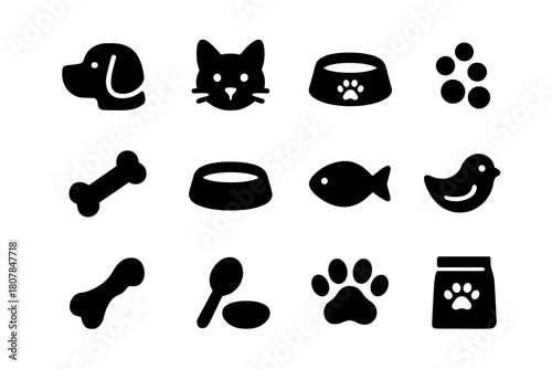 Pet Nourishment Icons. Pet nourishment. Solid icon set of Pet nourishment: dog, cat, food bowl, kibble, bone, water bowl, fish, bird, treat, spoon, paw print,