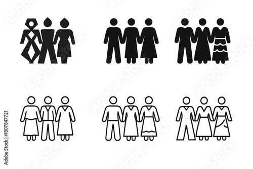 Diverse Fashion Logos. Diversity in fashion. Icon set. Set Logo of diversity in fashion: hand-drawn figures wearing diverse outfits. harmonious logo variations