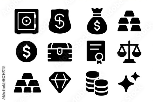Financial Security Icons. Financial security. Solid icon set of Financial security: safe, vault, money bag, gold bar, coin, treasure chest, certificate, scale,