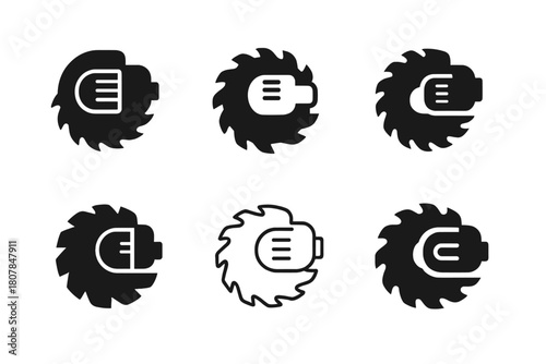 Power Saw Logos. Power saw blade. Icon set. Set Logo of Power Saw Blade: blade combined with electric motor symbol. harmonious logo variations of the same