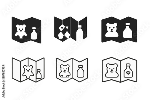 Souvenir Icon Set. Travel souvenirs. Icon set. Set Logo of travel souvenirs: map with keepsakes. harmonious logo variations of the same emblematic concept,