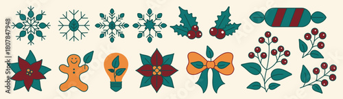 Vector flat art set featuring Christmas and holiday elements including snowflakes, holly, poinsettia flowers, berries, a gingerbread man, light bulb, bow, and candy in festive green, red, and orange.