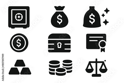 Financial Security Icons. Financial security. Solid icon set of Financial security: safe, vault, money bag, gold bar, coin, treasure chest, certificate, scale,