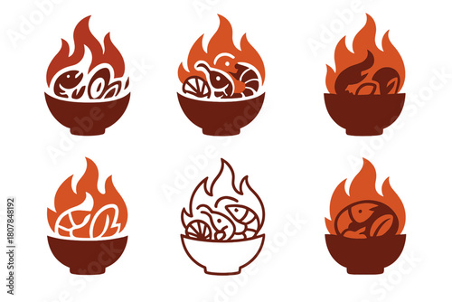 Spicy Seafood Icons. Spicy seafood. Icon set. Set Logo of Spicy Seafood: crab surrounded by fiery elements. harmonious logo variations of the same emblematic