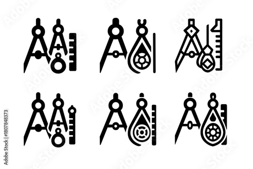 Jewelry Design Icons. Creating jewelry. Icon set. Set Logo of creating jewelry: ring and pendant design with compass and ruler. harmonious logo variations of