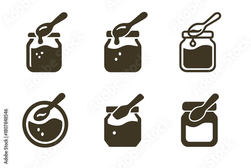 Homemade Jam Logos. Making your own homemade jam. Icon set. Set Logo of Homemade Jam: glass jar filled with jam and a fruit label. harmonious logo variations