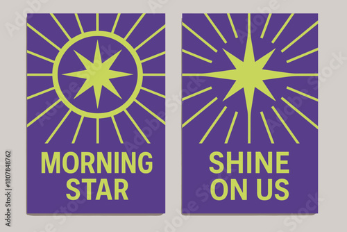 Morning Star Banners. Morning Star. Two vertical A6 banners with safe margins, centered composition, no elements touching edges, geometric, royal purple and