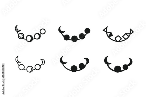 Moon Phase Icons. Moon phases. Icon set. Set Logo of moon phases: crescent-to-full sequence along a curved path. harmonious logo variations of the same