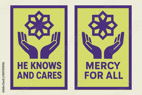 Knowledge & Mercy Banners. Knowledge & Mercy. Two vertical A6 banners with safe margins, centered composition, no elements touching edges, geometric, royal