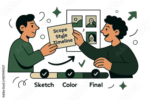 Art Commission Process. Commission process. A client hands a brief card reading ?Scope ? Style ? Timeline?; the artist pins it beside thumbnails. A progress