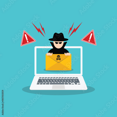 Email data phishing. Cyber thief hide behind spam e-mail. Hacking concept