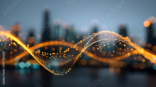 warm-cool contrast in digital network, glowing golden-orange curve interwoven with icy teal points, suspended above defocused urban skyline, rich dusk lighting.