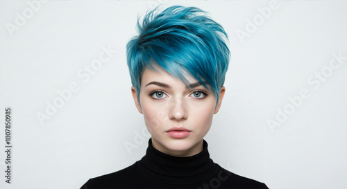 Wallpaper Mural Young woman with a trendy blue pixie haircut. Stylish short hairstyle and hair color. Beauty and fashion model portrait Torontodigital.ca